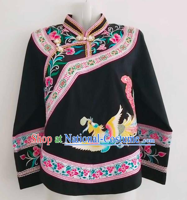 Chinese Baise Minority Ethnic Dance Wear Zhuang Nationality Embroidered Black Blouse Folk Dance Top Garment