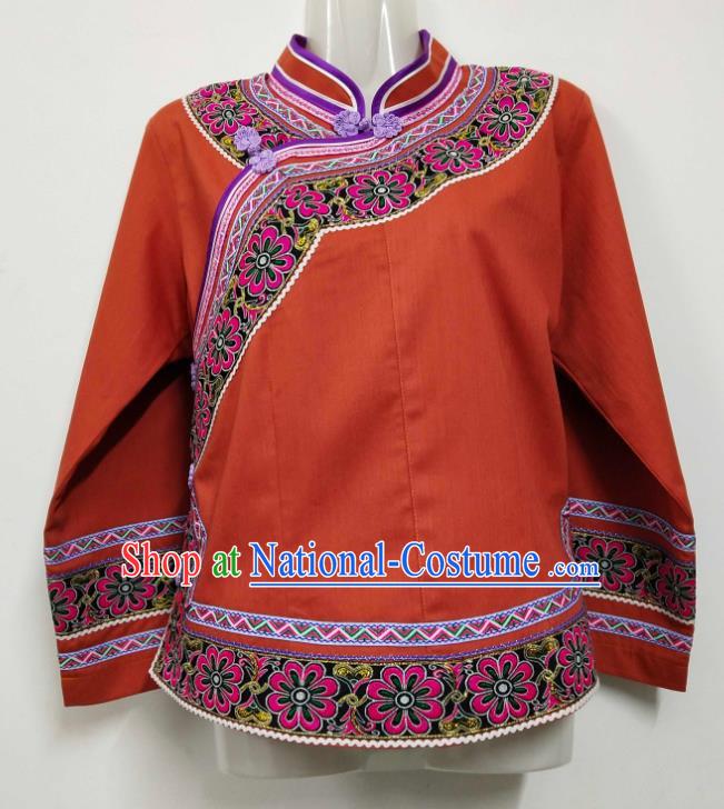 Chinese Guizhou Minority Top Wear Bouyei Nationality Embroidered Jacinth Blouse Ethnic Garment