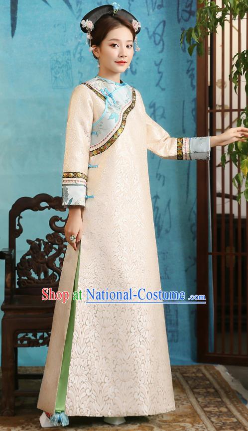 China Ancient Palace Lady Pink Dress Garment Traditional Qing Dynasty Manchu Princess Historical Clothing and Headpieces