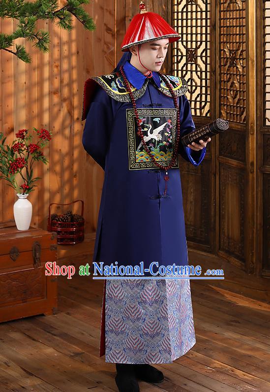 China Qing Dynasty Navy Official Robe Garment Ancient Royal King Historical Clothing and Headwear Full Set