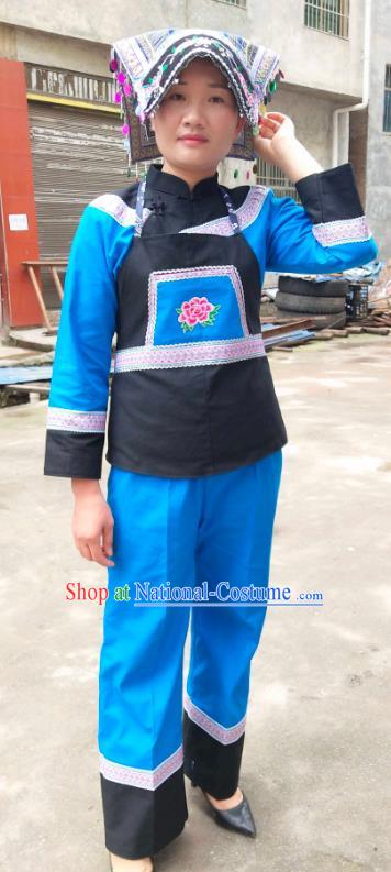 Chinese Traditional Yunnan Ethnic Folk Dance Blue Suits Clothing Bouyei Nationality Blouse and Pants