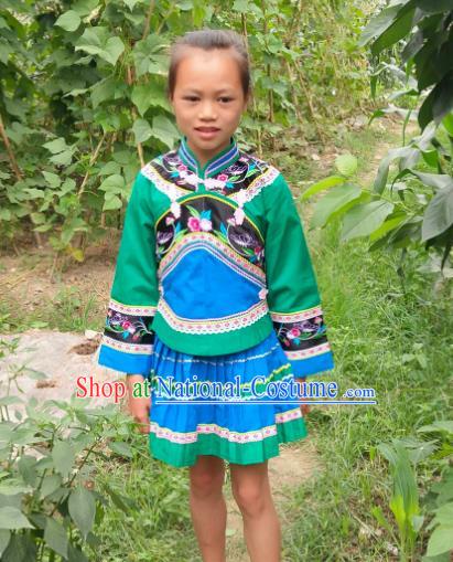 China Bouyei Nationality Green Blouse and Skirt Girls Outfits Traditional Puyi Ethnic Children Dance Clothing