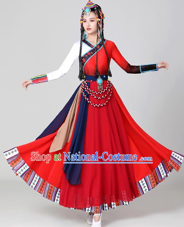 Chinese Tibetan Ethnic Dance Red Dress Traditional Zang Nationality Stage Performance Garments Costume