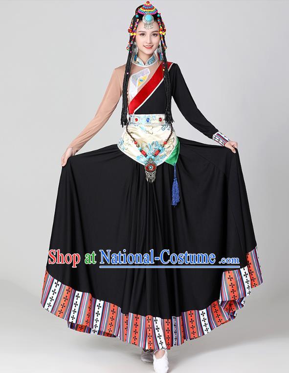 Chinese Traditional Zang Nationality Stage Performance Garments Costume Tibetan Ethnic Dance Black Dress