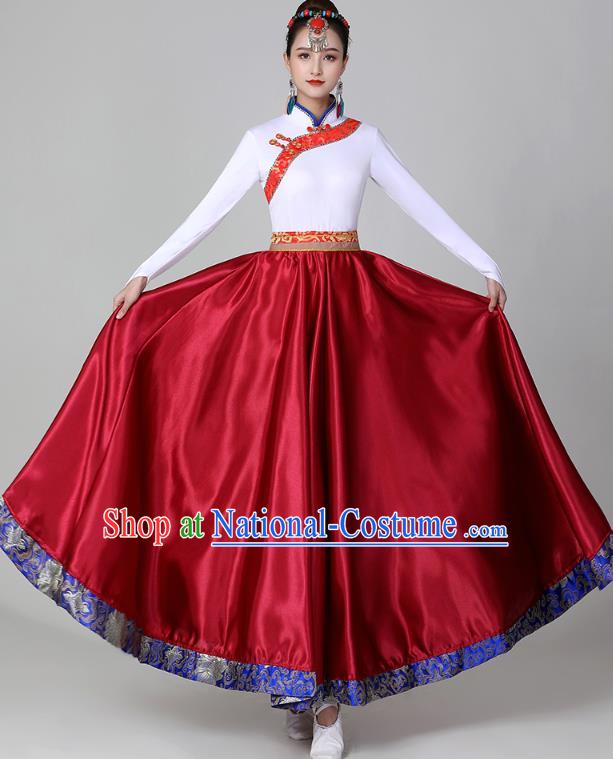 Chinese Tibetan Dance Wine Red Dress Traditional Zang Nationality Suits Ethnic Stage Performance Garments Costume