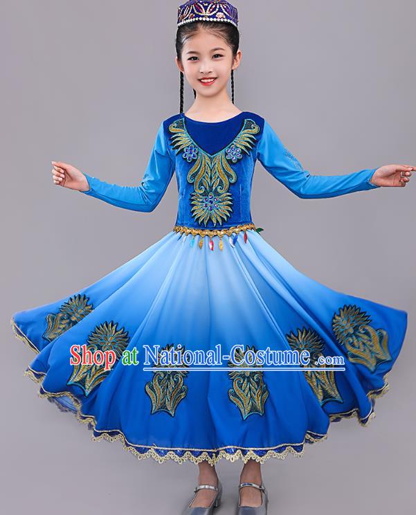 China Uygur Nationality Girls Folk Dance Blue Dress Outfits Traditional Xinjiang Dance Performance Clothing