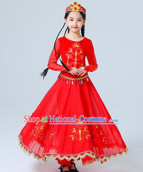 China Uygur Nationality Girls Folk Dance Red Dress Traditional Xinjiang Dance Performance Outfits Clothing