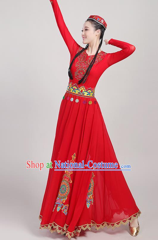 Chinese Xinjiang Dance Red Dress Ethnic Folk Dance Clothing Traditional Uygur Nationality Garments