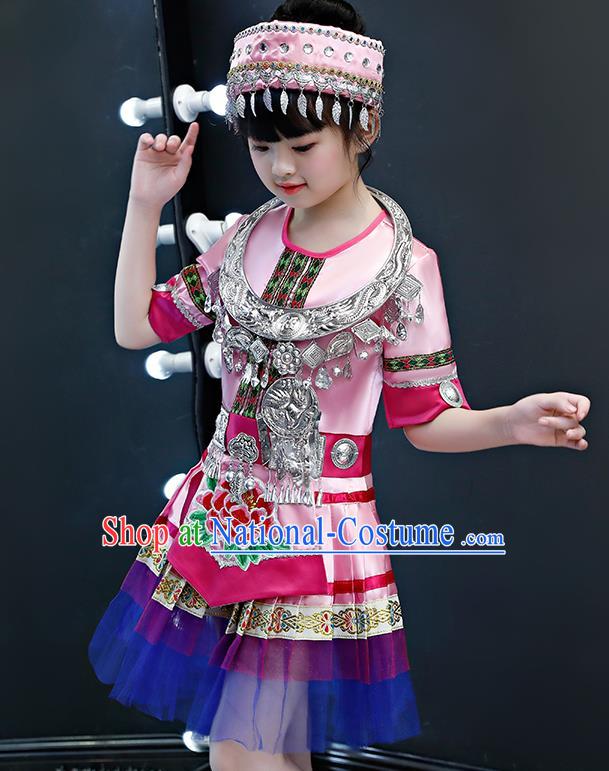 China Miao Nationality Folk Dance Pink Dress Traditional Yao Ethnic Girls Performance Outfits Clothing