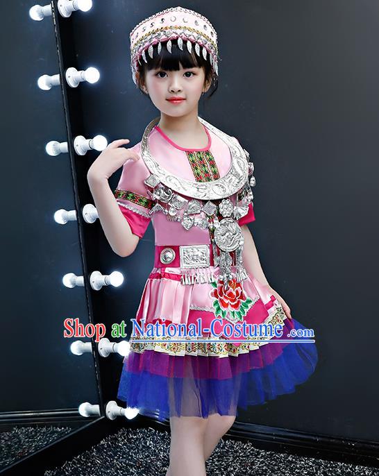 China Miao Nationality Folk Dance Pink Dress Traditional Yao Ethnic Girls Performance Outfits Clothing