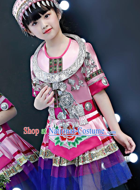 China Miao Nationality Folk Dance Pink Dress Traditional Yao Ethnic Girls Performance Outfits Clothing