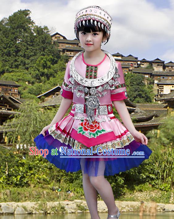 China Miao Nationality Folk Dance Pink Dress Traditional Yao Ethnic Girls Performance Outfits Clothing