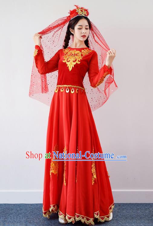 Chinese Traditional Uygur Nationality Garments Xinjiang Dance Red Dress Ethnic Folk Dance Clothing and Hat