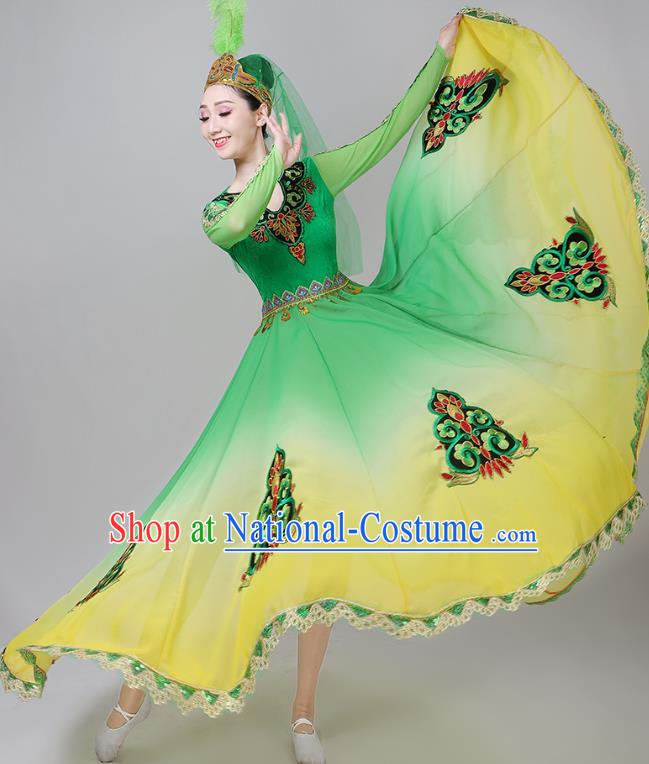 Chinese Ethnic Folk Dance Clothing Traditional Uygur Nationality Garments Xinjiang Dance Green Dress and Headwear