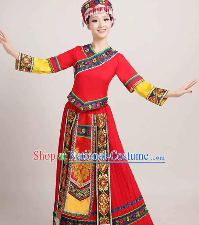 Chinese Yi Minority Female Red Dress Ethnic Folk Dance Clothing Traditional Miao Nationality Garments