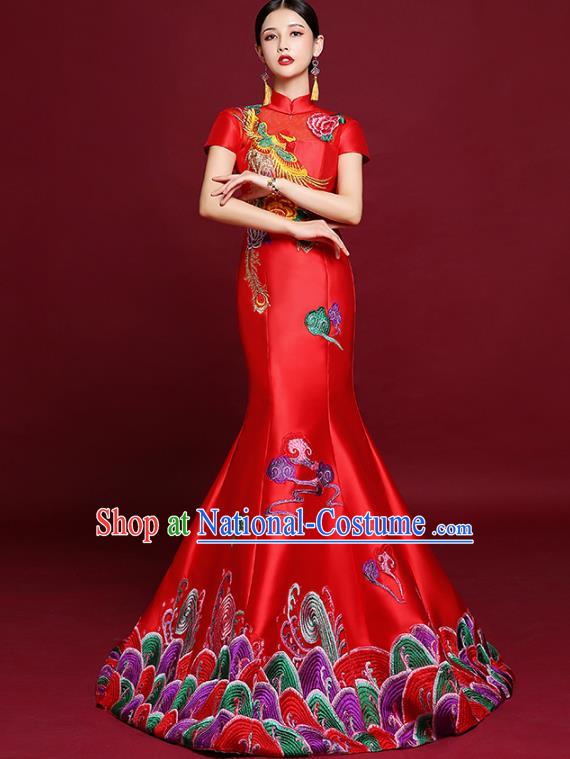 China Catwalks Fashion Modern Cheongsam Clothing Compere Fishtail Qipao Dress Garment Stage Show Red Satin Full Dress