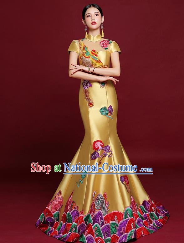 China Stage Show Yellow Satin Full Dress Catwalks Fashion Modern Cheongsam Clothing Compere Fishtail Qipao Dress Garment