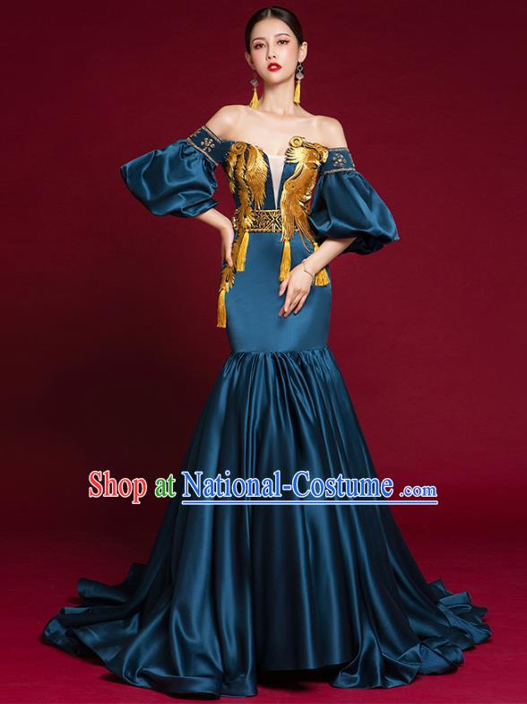 China Compere Navy Trailing Dress Garment Stage Show Embroidered Full Dress Catwalks Fashion Clothing