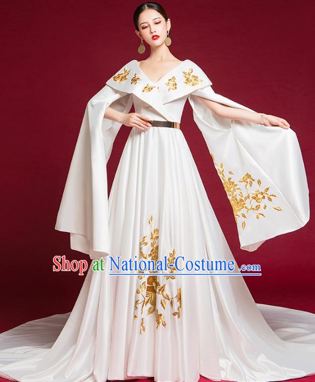 China Compere White Trailing Dress Garment Stage Show Full Dress Catwalks Embroidered Fashion Clothing