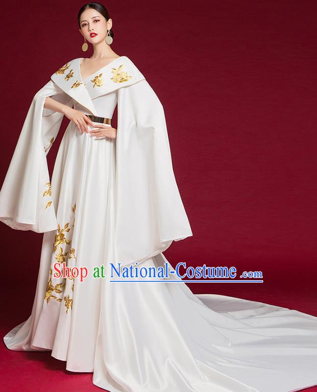 China Compere White Trailing Dress Garment Stage Show Full Dress Catwalks Embroidered Fashion Clothing