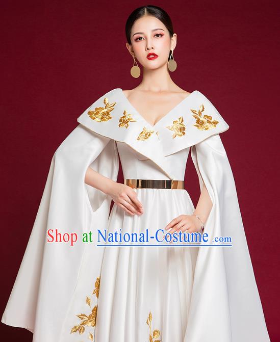 China Compere White Trailing Dress Garment Stage Show Full Dress Catwalks Embroidered Fashion Clothing