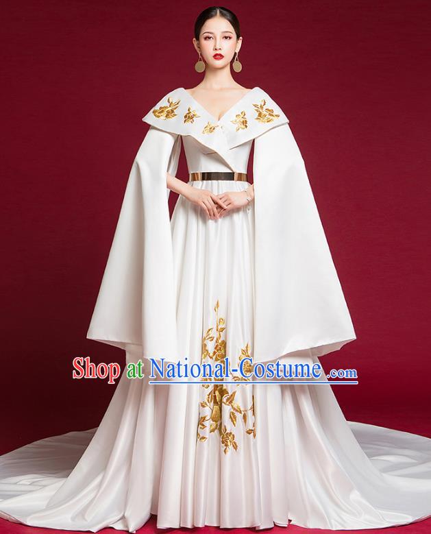 China Compere White Trailing Dress Garment Stage Show Full Dress Catwalks Embroidered Fashion Clothing