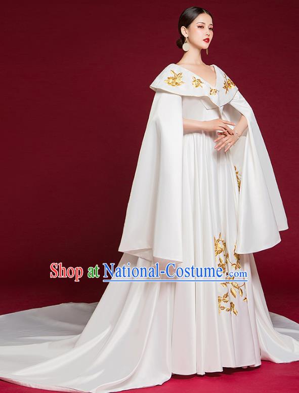 China Compere White Trailing Dress Garment Stage Show Full Dress Catwalks Embroidered Fashion Clothing