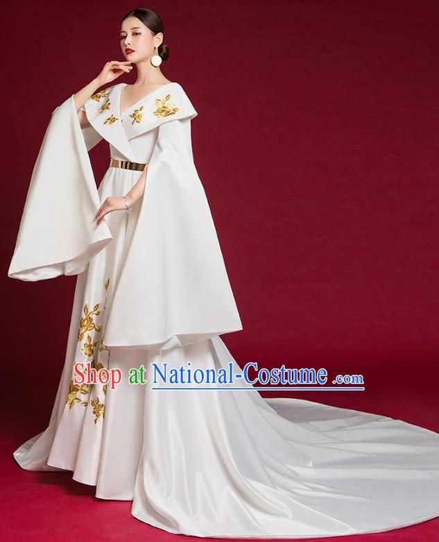 China Compere White Trailing Dress Garment Stage Show Full Dress Catwalks Embroidered Fashion Clothing