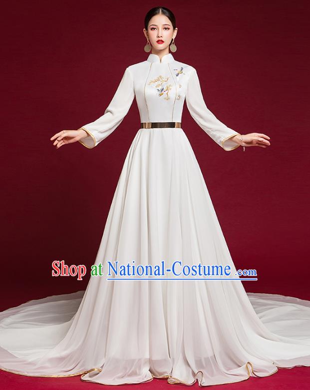 China Catwalks White Fashion Clothing Compere Dress Garment Stage Show Trailing Full Dress