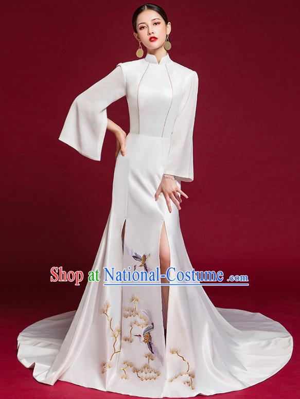 China Compere Qipao Dress Garment Stage Show Trailing Full Dress Catwalks Fashion White Cheongsam Clothing