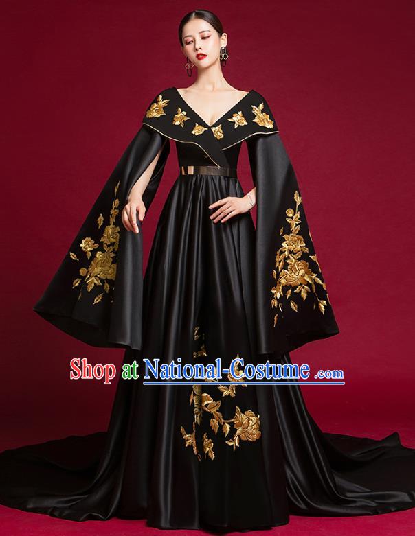 China Stage Show Black Trailing Full Dress Catwalks Fashion Clothing Compere Water Sleeve Dress Garment