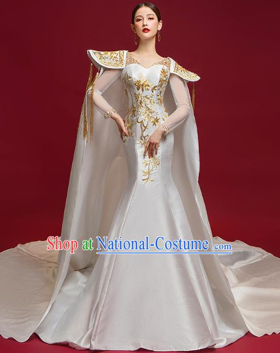 China Compere Embroidered Dress Garment Stage Show Long Trailing Cape Full Dress Catwalks Fashion Clothing