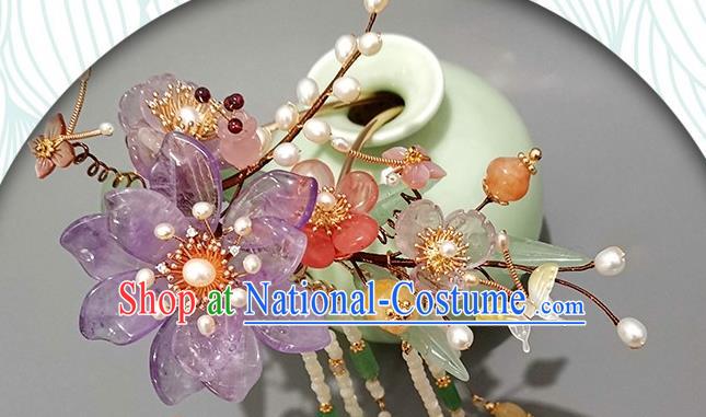 Chinese Ancient Palace Princess Amethyst Peach Blossom Hairpin Traditional Song Dynasty Court Tassel Hair Stick