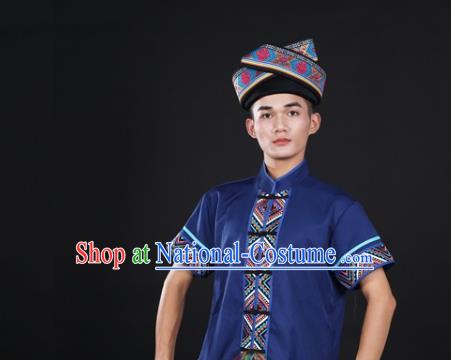 Chinese Traditional Guangxi Ethnic Male Blue Suits Clothing Zhuang Nationality Folk Dance Blue Shirt and Pants