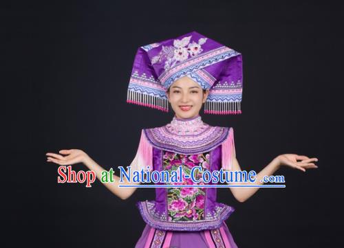 Chinese Guangxi Minority Performance Purple Dress Ethnic Folk Dance Clothing Traditional Zhuang Nationality Garments and Headwear