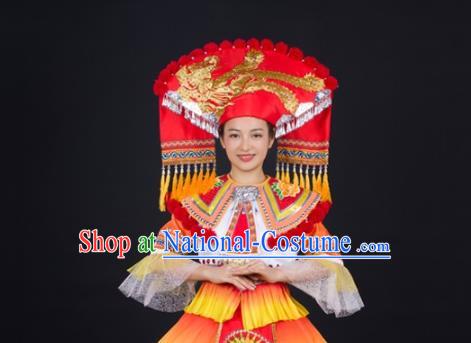 Chinese Traditional Zhuang Nationality Wedding Garments Guangxi Minority Performance Dress Ethnic Folk Dance Clothing and Headdress