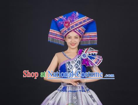 Chinese Ethnic Folk Dance Clothing Traditional Zhuang Nationality Wedding Garments Guangxi Minority Performance Blue Dress and Hat