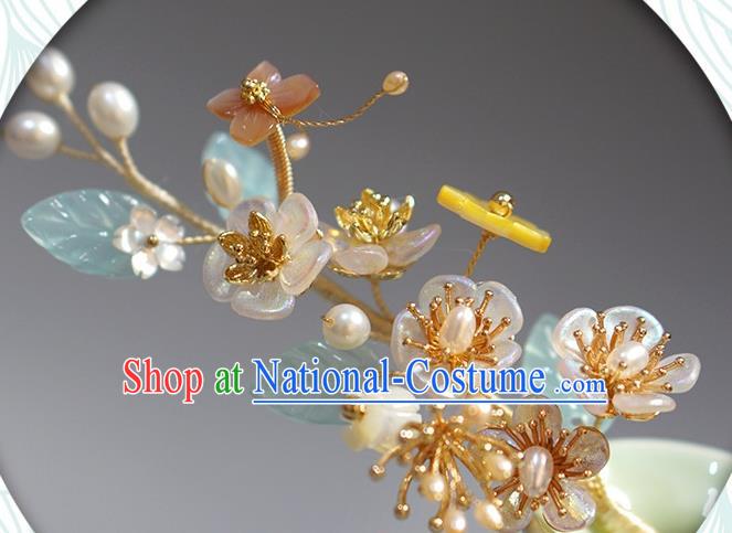 Chinese Ancient Princess Shell Butterfly Flowers Hairpin Traditional Song Dynasty Pearls Hair Stick