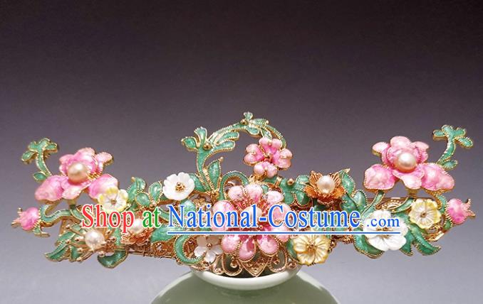 Chinese Ancient Court Lady Pearls Hairpin Traditional Ming Dynasty Enamel Peach Blossom Hair Stick