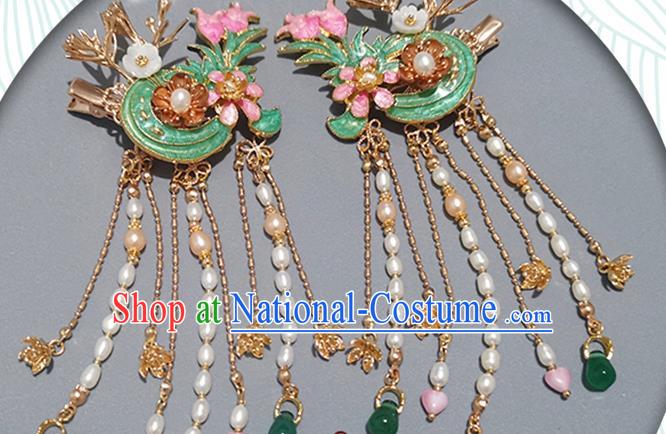 Chinese Ancient Young Beauty Enamel Hair Stick Traditional Ming Dynasty Pearls Tassel Hair Claws