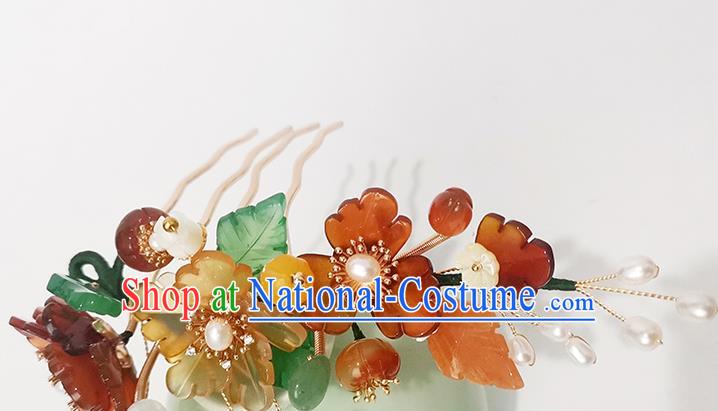 Chinese Ancient Princess Pearls Hairpin Traditional Song Dynasty Agate Flowers Hair Comb