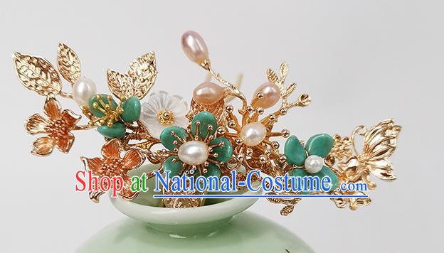 Chinese Ancient Empress Pearls Hairpin Traditional Song Dynasty Green Plum Blossom Hair Stick