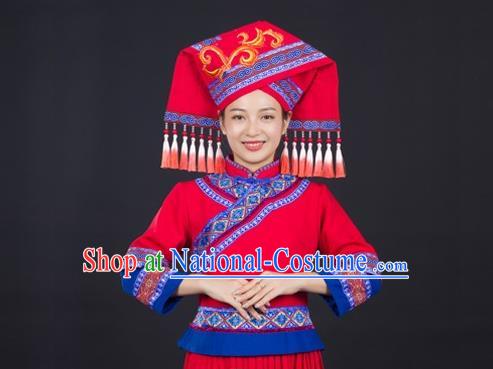 Chinese Traditional Zhuang Nationality Red Suits Guangxi Minority Performance Dress Ethnic Folk Dance Garment Clothing and Hat