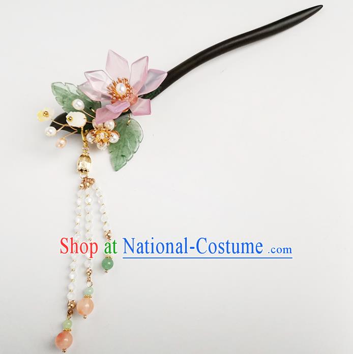 Chinese Ancient Princess Beads Tassel Ebony Hairpin Traditional Song Dynasty Pink Lotus Hair Stick