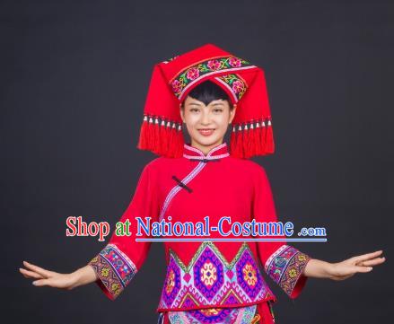 Chinese Guangxi Minority Performance Dress Ethnic Folk Dance Garment Clothing Traditional Zhuang Nationality Red Suits and Headwear