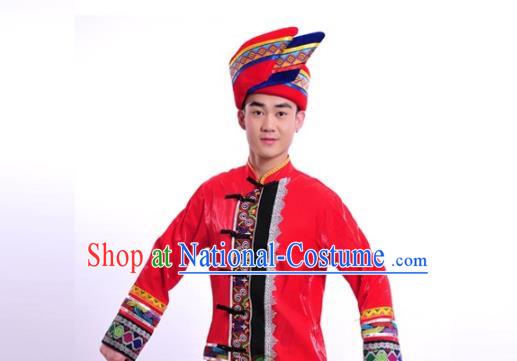 Chinese Traditional Guangxi Ethnic Wedding Male Red Suits Clothing Zhuang Nationality Stage Performance Shirt and Pants