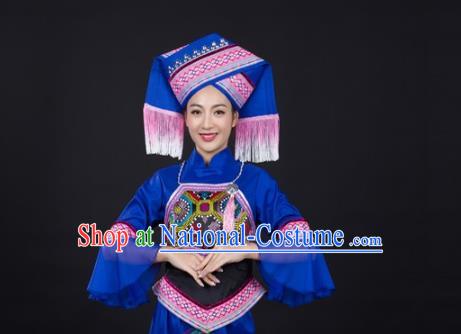 Chinese Traditional Zhuang Nationality Blue Suits Guangxi Minority Blouse and Pants Ethnic Folk Dance Garment Clothing with Headwear