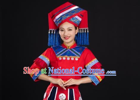 Chinese Ethnic Garment Clothing Traditional Zhuang Nationality Folk Dance Suits Guangxi Minority Wedding Dress and Headdress