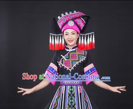 Chinese Traditional Zhuang Nationality Folk Dance Black Suits Guangxi Minority Dress Ethnic Festival Garment Clothing and Tassel Hat