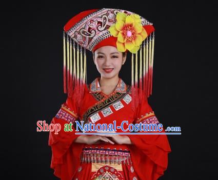 Chinese Ethnic Festival Garment Clothing Traditional Zhuang Nationality Red Suits Guangxi Minority Wedding Dress and Headwear